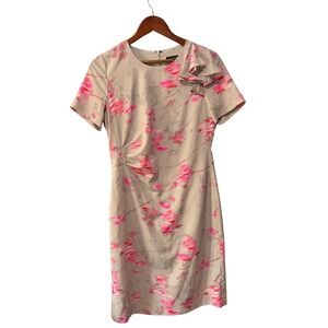 Banana Republic Grey Pink Abstract Floral Ruffle Sheath Dress Size 8 Short Sleev